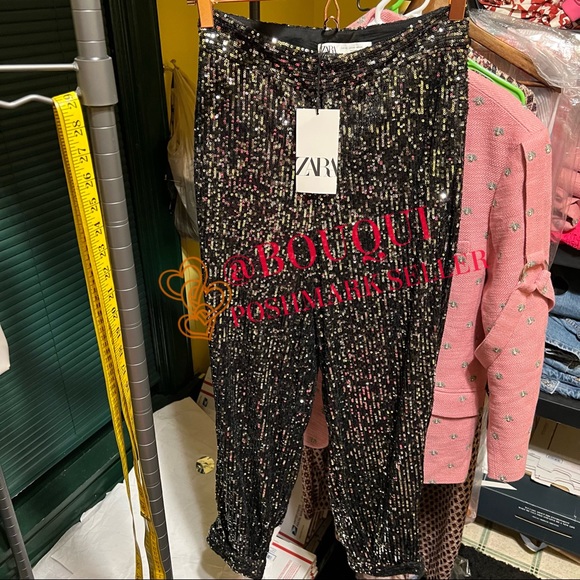 BLOGGERS FAVORITE ZARA BLACK SILVER SEQUINS PANTS - Picture 2 of 10